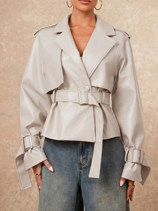 Jackets & Blazers - Casual Women's Front Button belted Lapel faux leather Coat